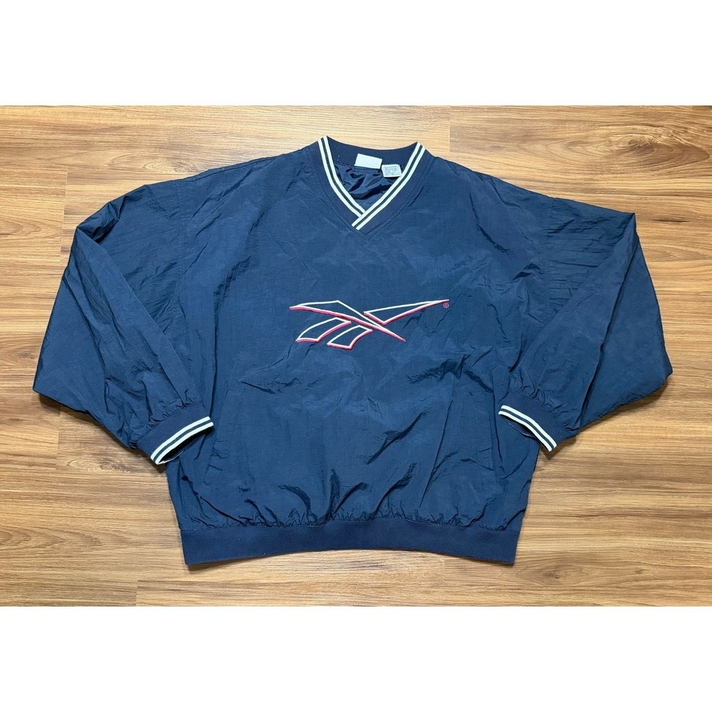 Vintage 90s Reebok Windbreaker Pullover Navy Blue V-Neck Nylon Jacket Men Sz XL
